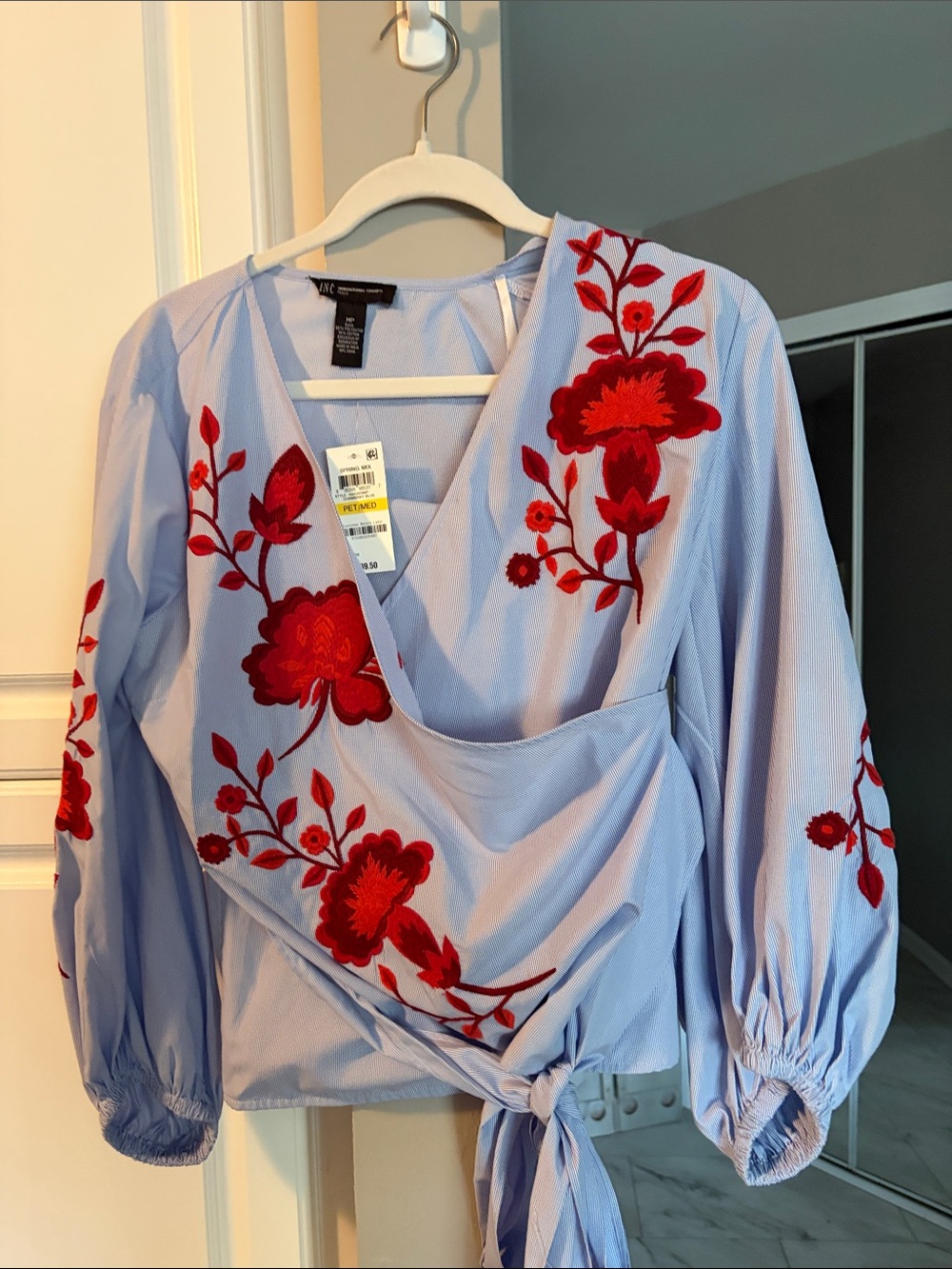 Light Blue Wrap Blouse with Red Floral Embroidery